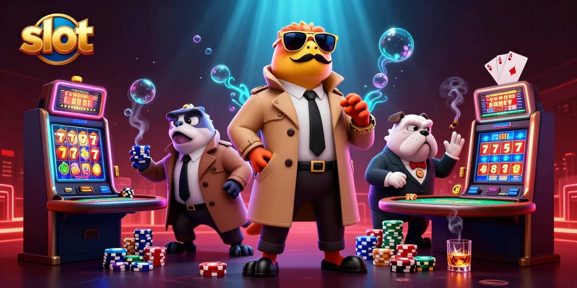 Raptors disguised as a tall person enter a VIP casino lounge, showcasing vibrant slots and poker elements.