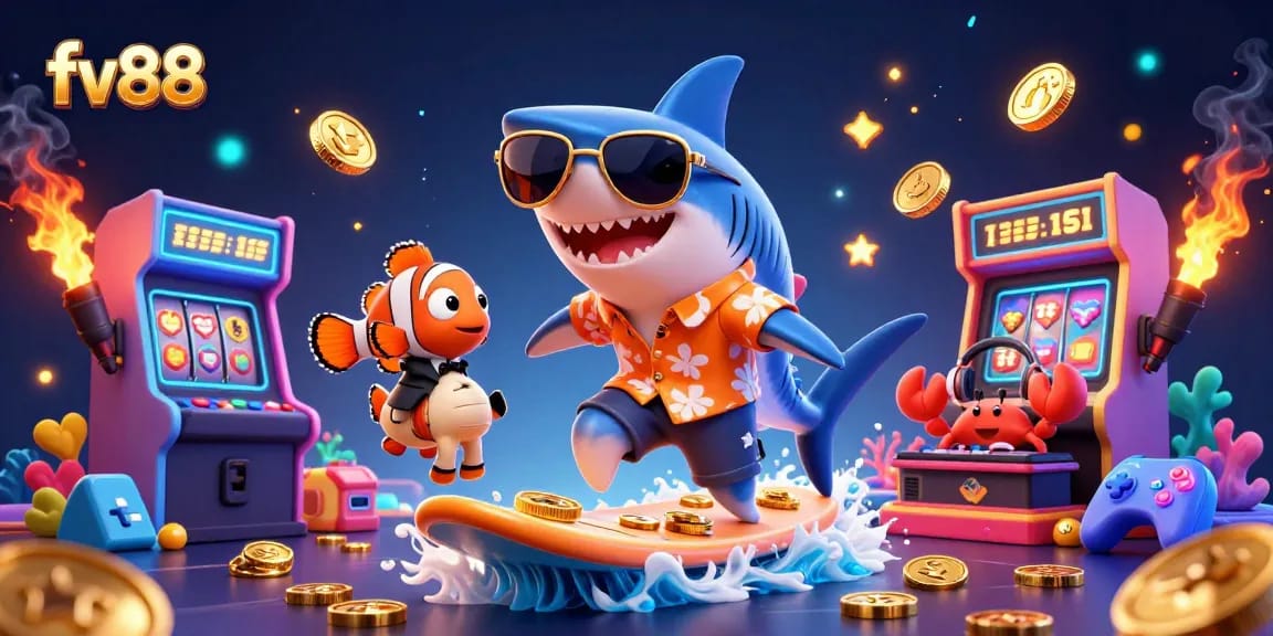 Experience excitement with fv88 as a shark and friends navigate gold coins in a riveting casino scene.