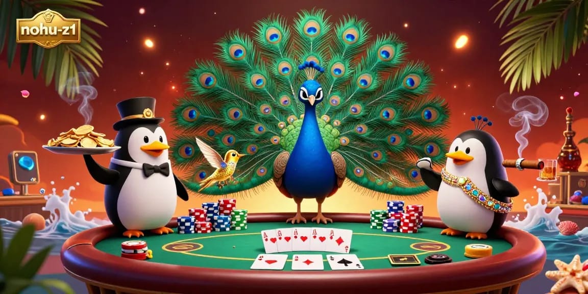 Nohu-z1 captivating casino illustration featuring peacock and penguin with poker elements.