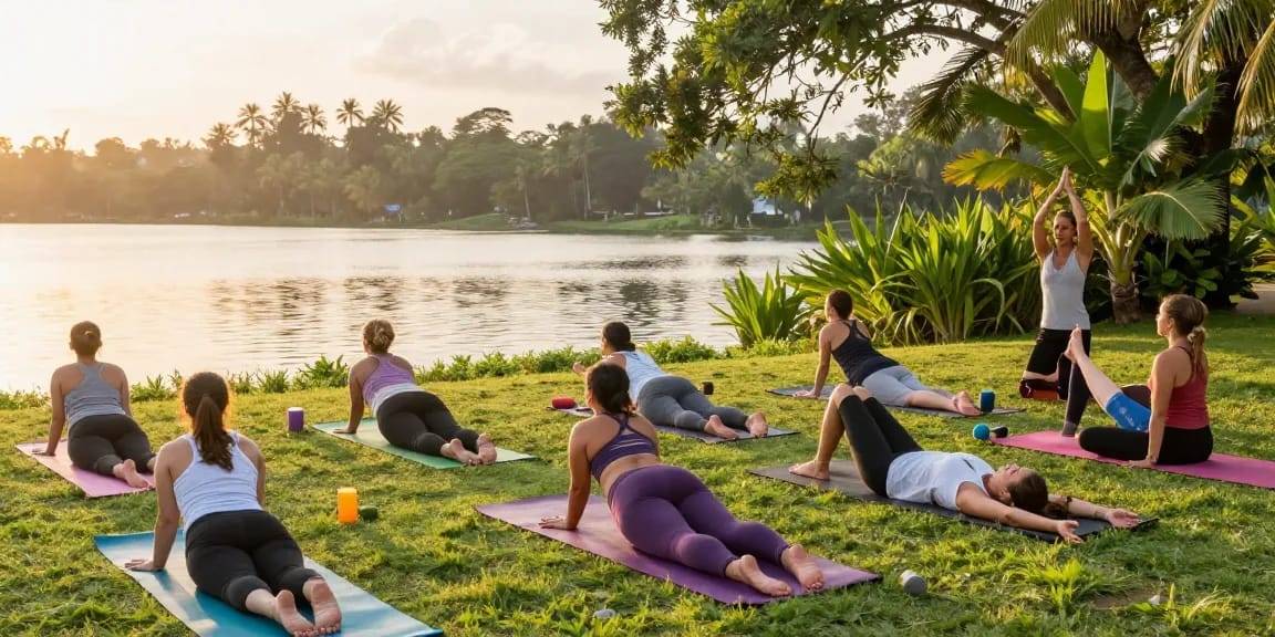 Group practicing synergy vinyasa yoga teacher training at Lanka Yoga, surrounded by lush scenery and calming lake views.