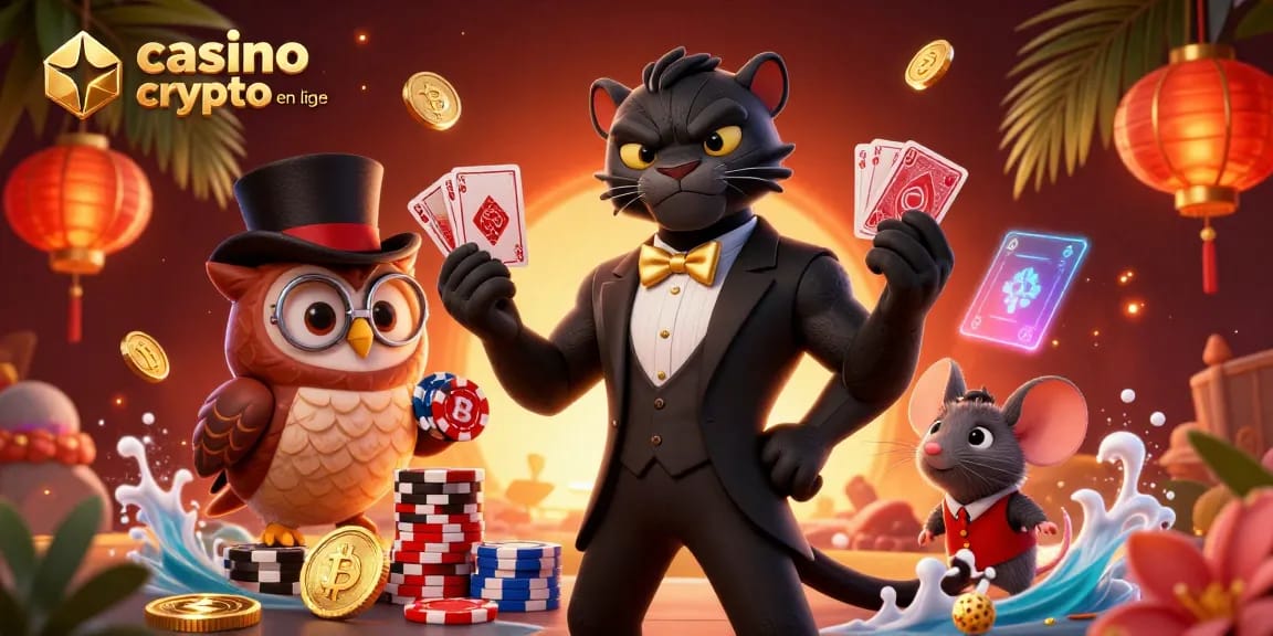 Illustration dynamique de casino crypto en ligne avec un panthère élégant, un hibou et une souris porte-chance.