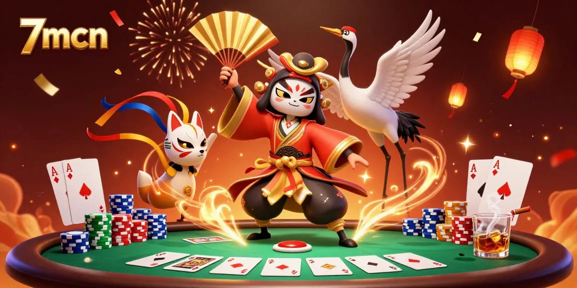Experience the excitement of 7mcn gambling with a vibrant scene of poker action and mystical elements.