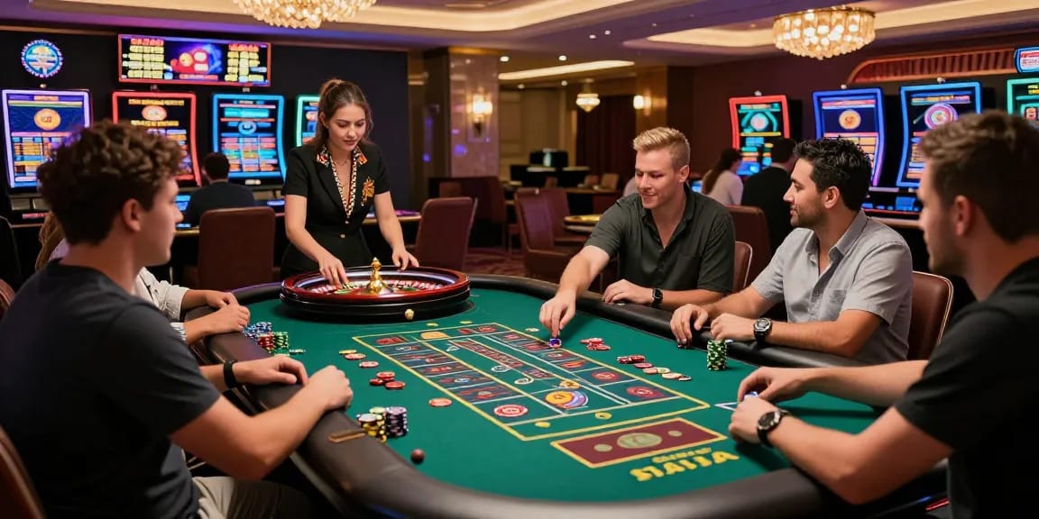 Des joueurs profitant d'une expérience passionnante de casino en ligne autour d'une table de roulette avec une atmosphère vibrante et des lumières au néon.