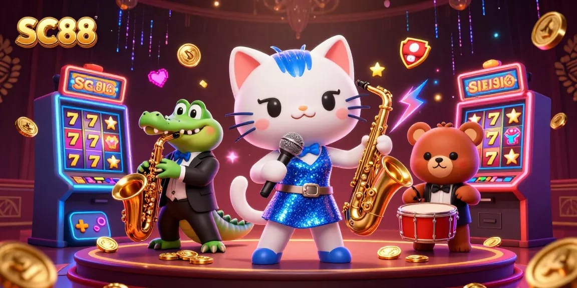Celebrate winnings at SC88 with lively characters performing on a vibrant casino stage.