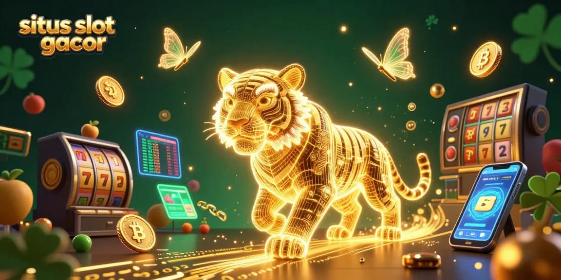 Engage with the situs slot gacor through a vibrant illustration of a golden tiger in a digital casino landscape.