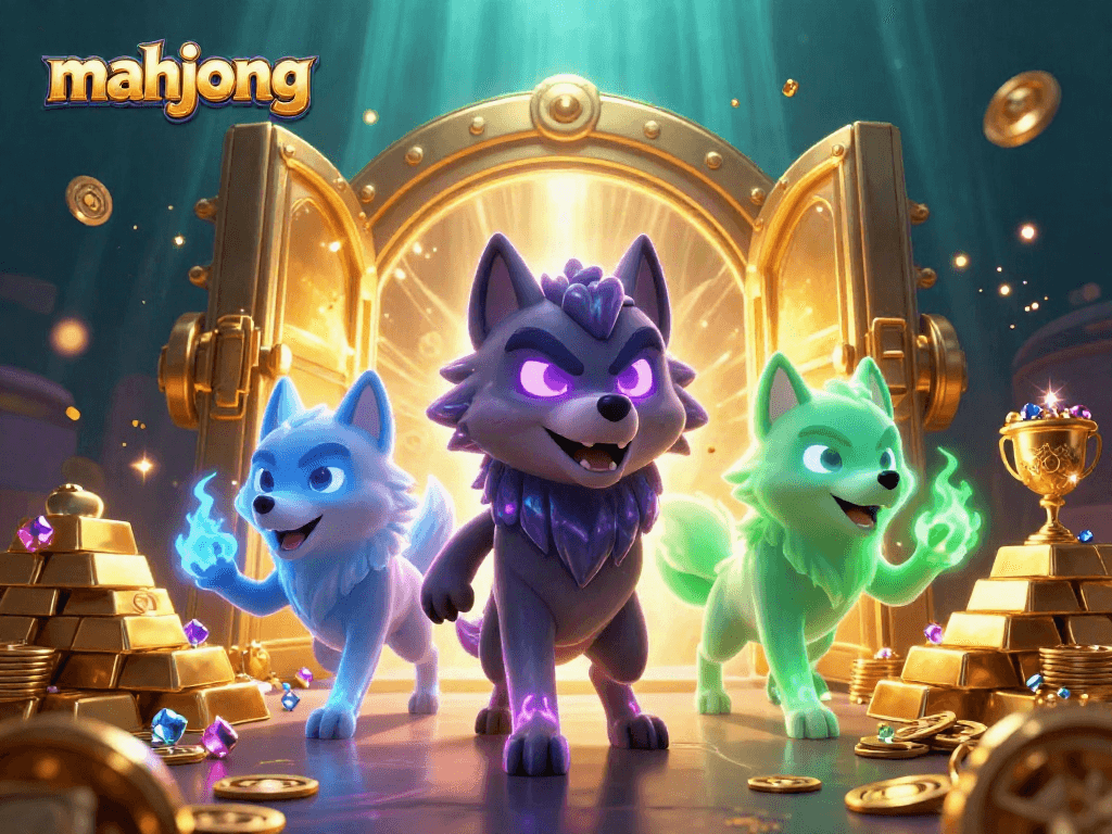 Experience mahjong excitement with animated wolves and treasure vaults in this vibrant casino art.