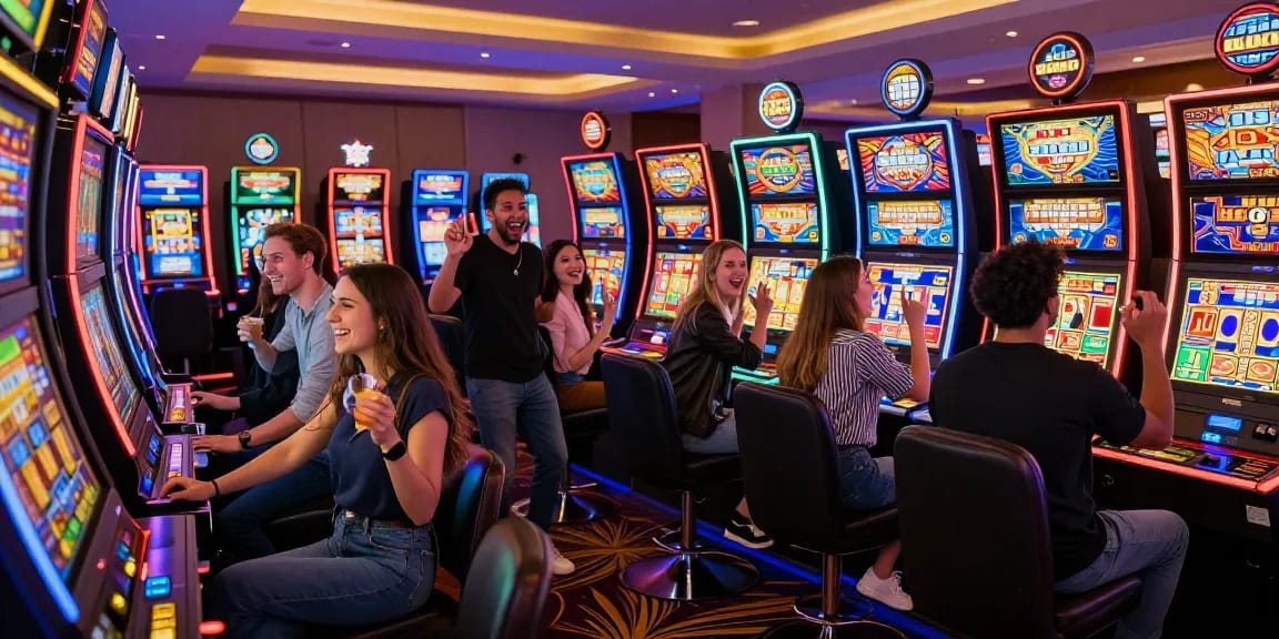 Group celebrating a slot jackpot win in a lively casino atmosphere.