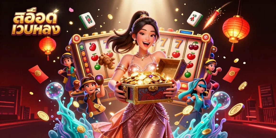 Experience สล็อตเว็บตรง jackpots with vibrant slots, golden treasures, and festive elements.
