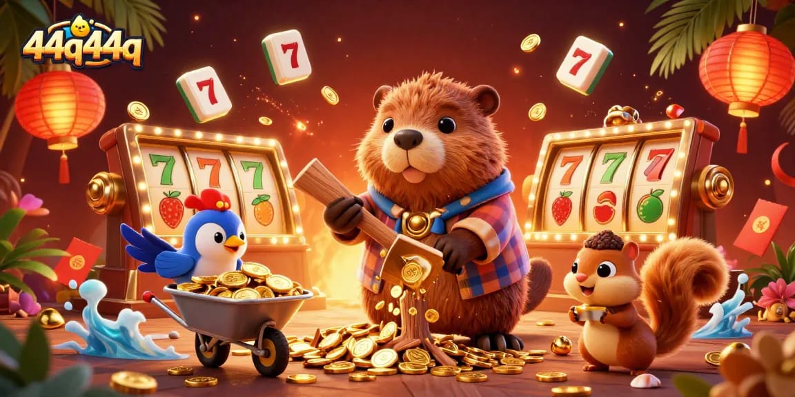 Engage with 44q44q's vibrant casino world featuring animated characters celebrating wins.