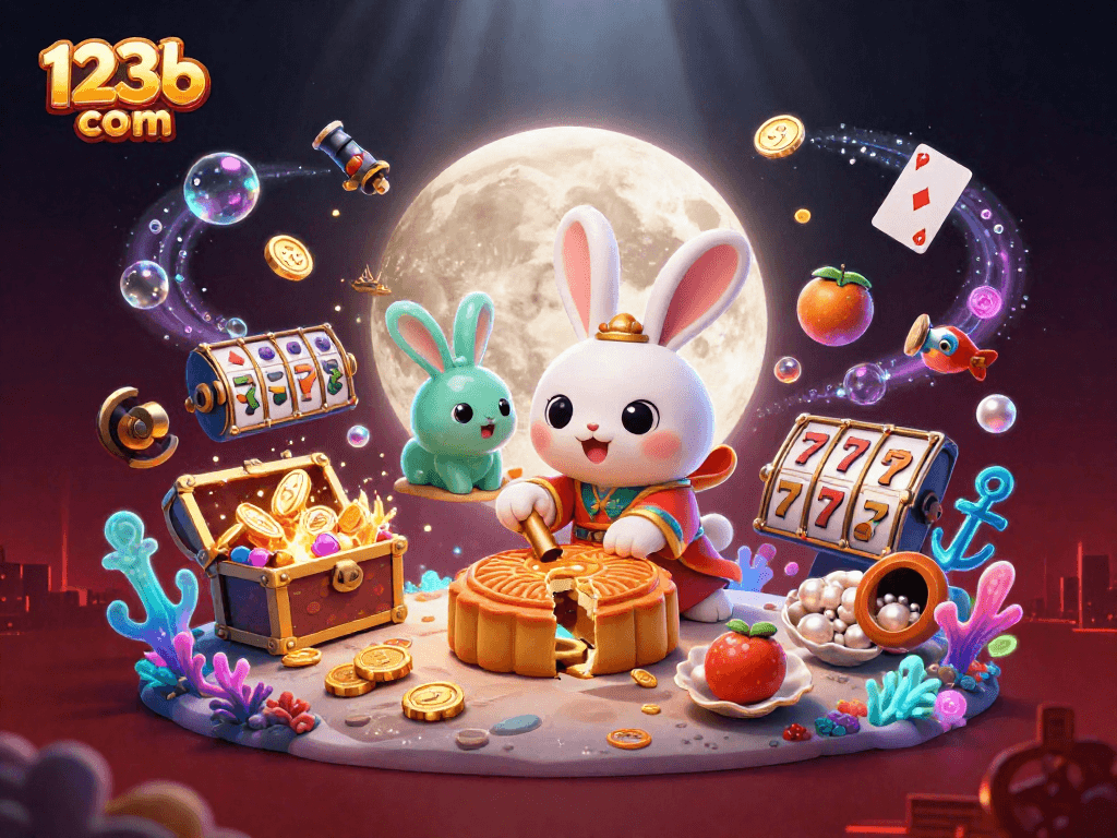 Win at 123b com with vibrant 3D illustration showcasing thrilling slot reels and exciting game elements.