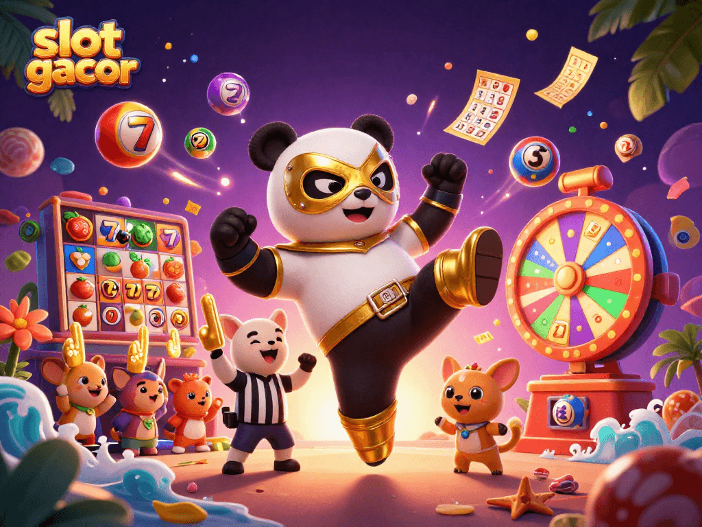 Exciting illustration of slot gacor scene with dynamic characters and casino elements