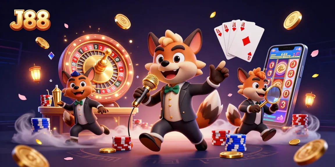 Experience the excitement of J88 in this animated casino scene with hyenas enjoying a comedy show, captivating drinks, and lively gaming.