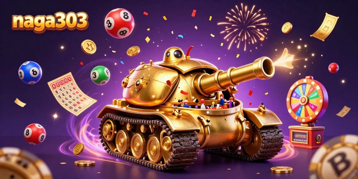 Naga303 lottery tank jackpot celebration with vibrant balls and colorful confetti