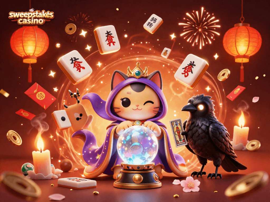 Win big at sweepstakes casino featuring a mystical scene with unique characters and vibrant game elements.