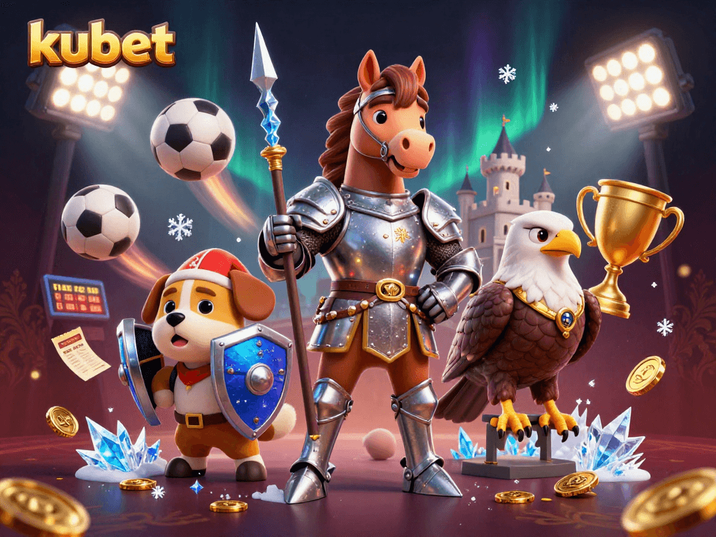 Experience thrilling kubet action with a knight, squire puppy, and falcon surrounded by dynamic sports elements.