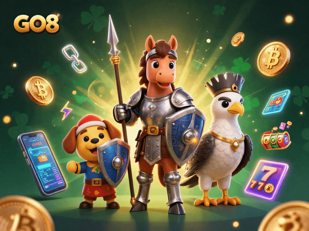Engage with GO8's vibrant casino scene featuring medieval characters and crypto elements
