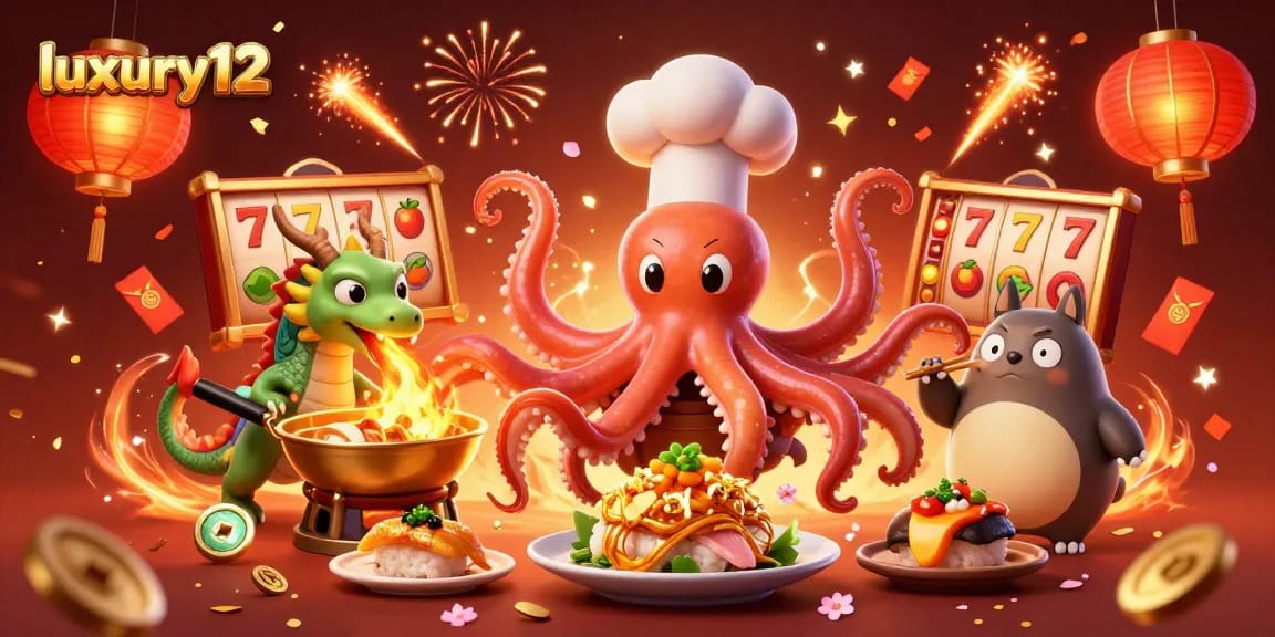 Experience thrilling gameplay at luxury12 with a lively octopus chef and dynamic slot reels.