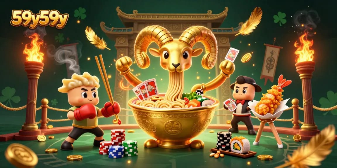 Experience thrilling action with 59y59y, featuring a quirky ramen bowl dealer and dynamic casino elements.