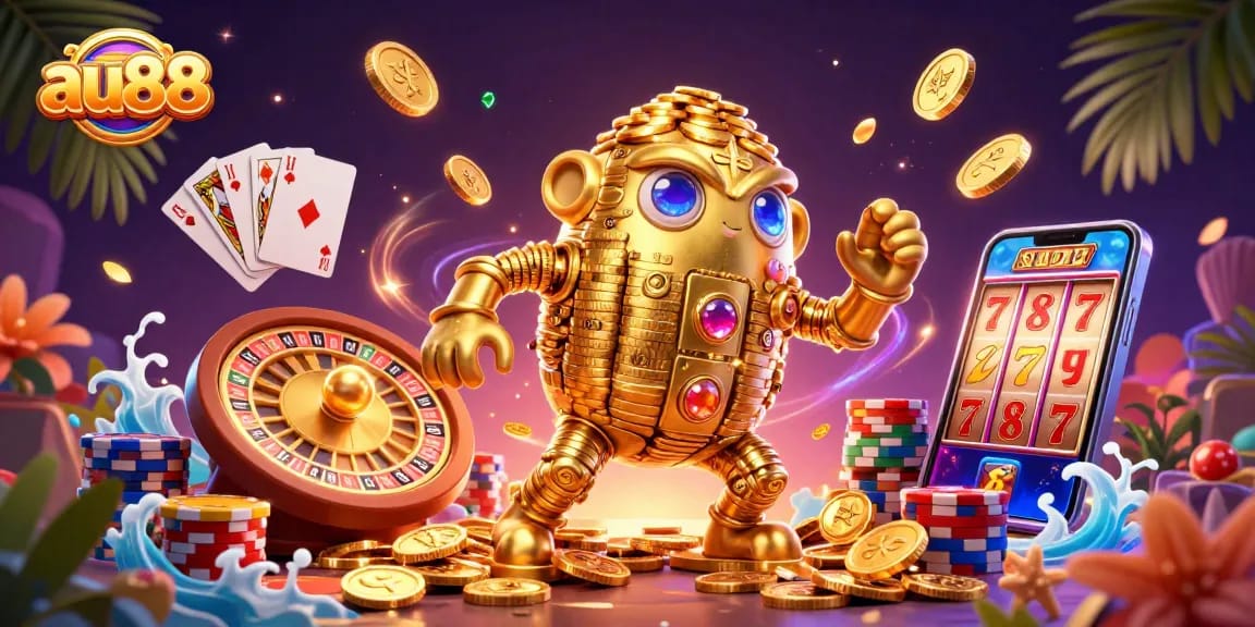 Experience the excitement of au88 with vibrant casino elements and a golden golem amidst cascading coins.