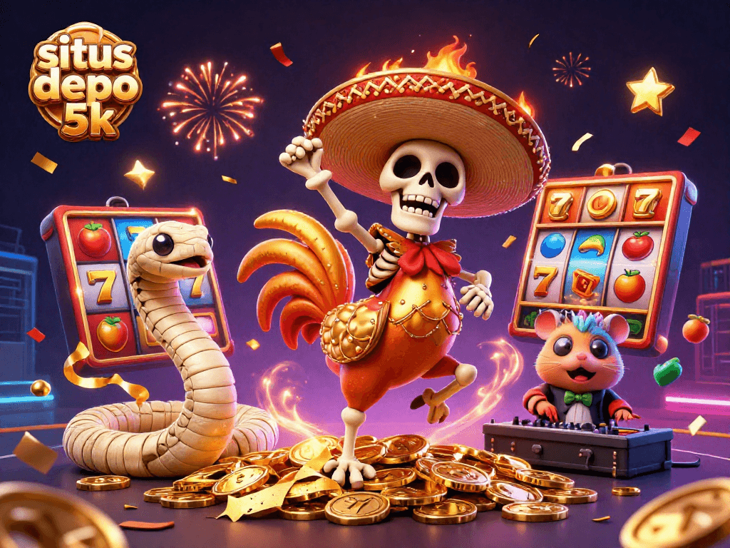 Experience thrilling wins at situs depo 5k with this vibrant 3D casino illustration showcasing dynamic slots.