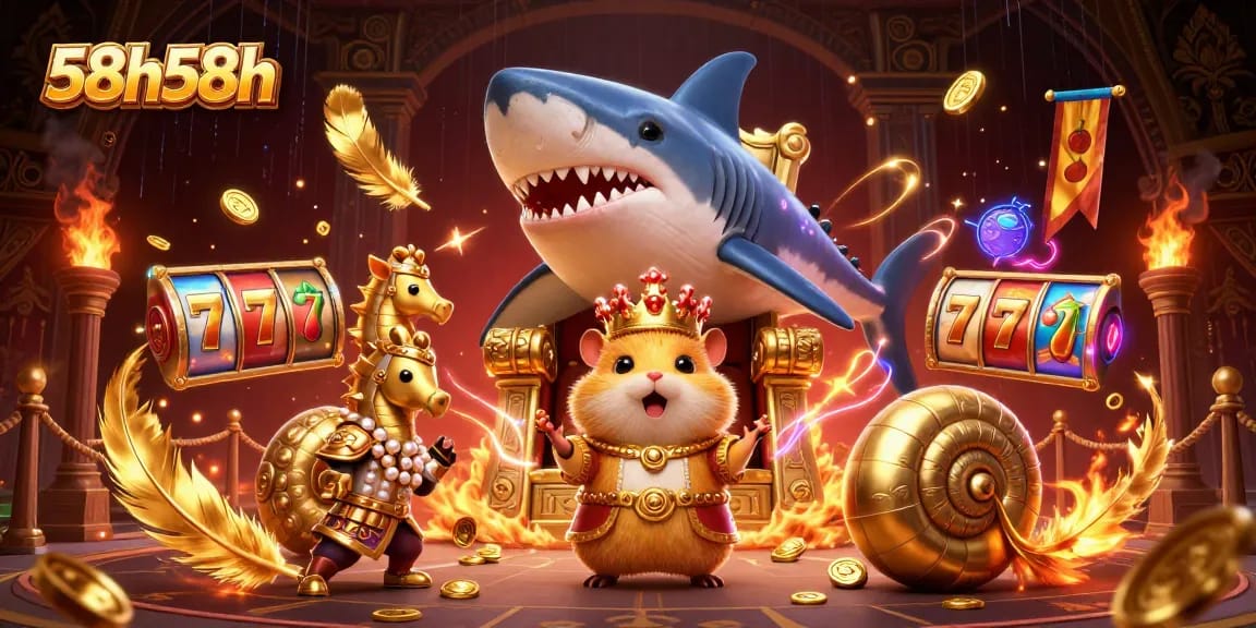 O cassino 58h58h apresenta um rei hamster dourado em um trono de dentes de tubarão com elementos de caça ao tesouro e slots.
