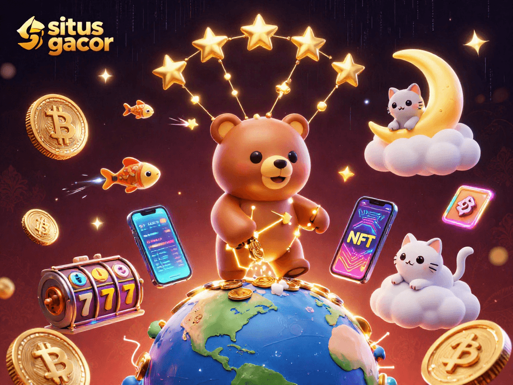 Engaging illustration of situs gacor with vibrant 3D elements and dynamic casino atmosphere.