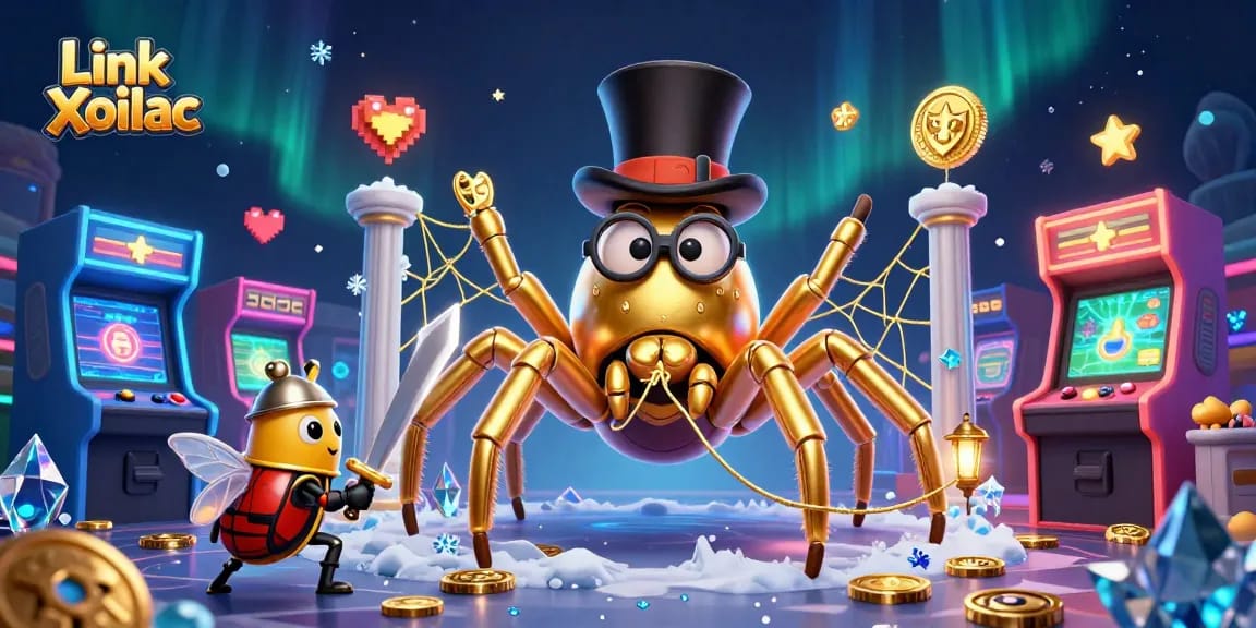 Watch Link Xoilac unfold with a golden tarantula and brave beetle knight amid vibrant casino elements.