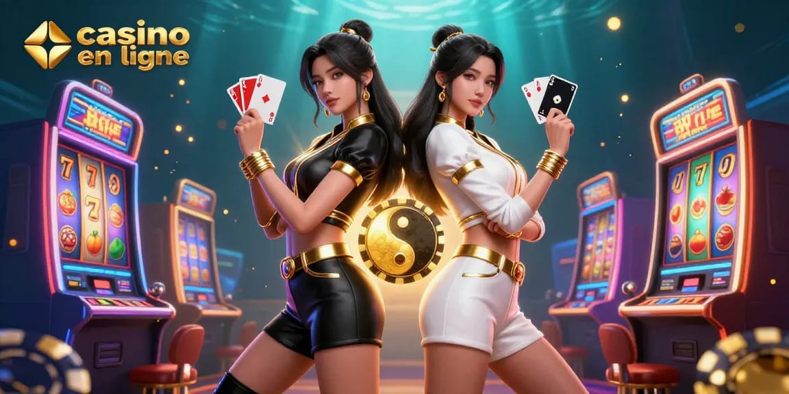 Jouez à des jeux palpitants dans un casino en ligne dynamique, mettant en vedette des joueurs de cartes asiatiques jumeaux.