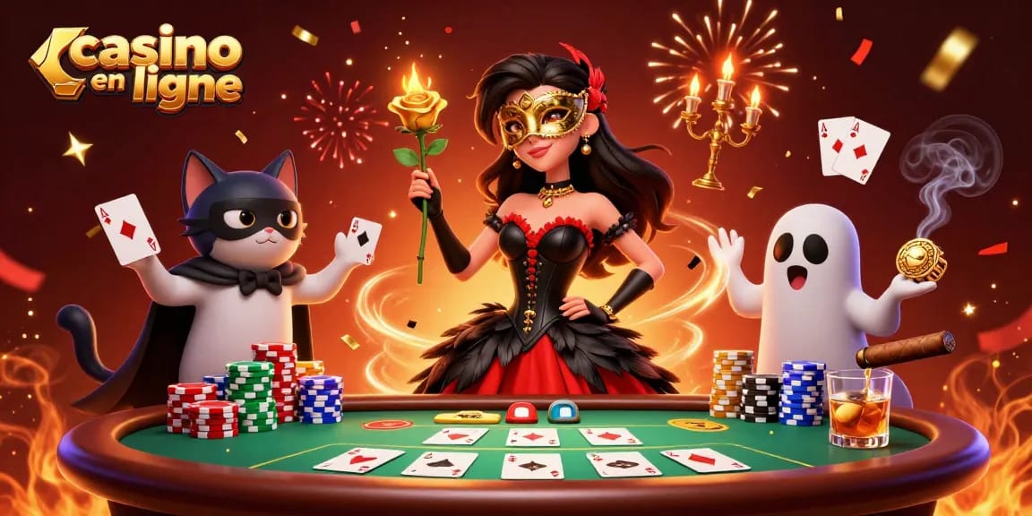 Découvrez l'excitation du casino en ligne avec une femme glamour et son compagnon félin masqué.