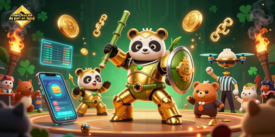 Meilleur site de pari en ligne : illustration 3D de panda pilote et robot au casino