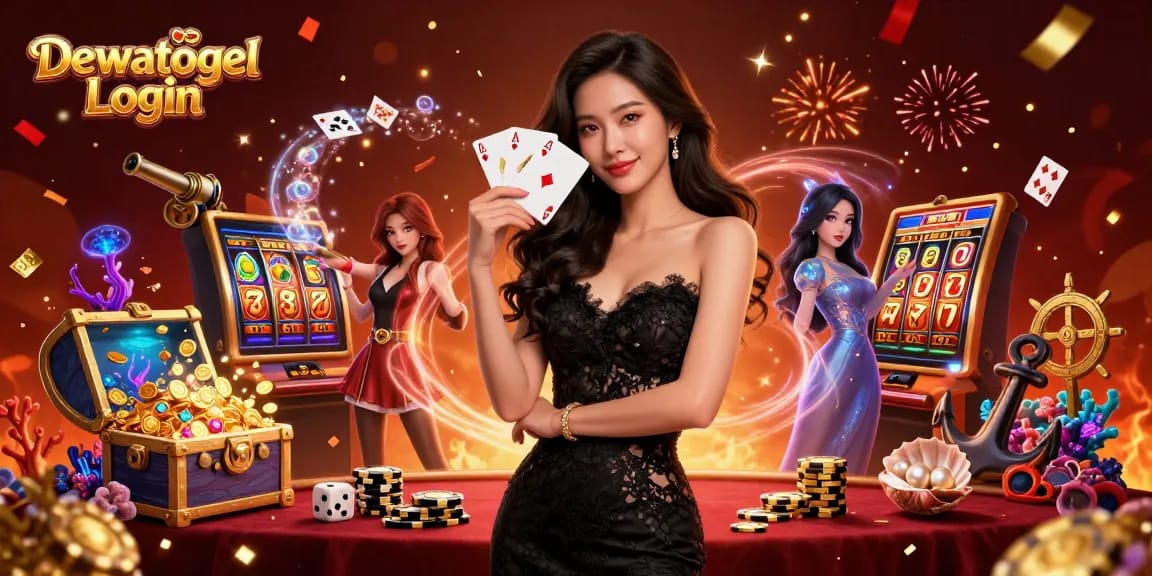 Dewatogel Login showcases an elegant player celebrating wins at a vibrant casino with rich gaming elements.