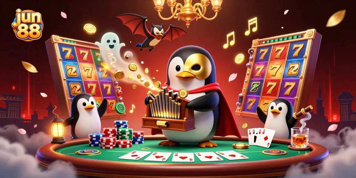 Experience thrilling gameplay at jun 88, featuring a vibrant fantasy casino scene with a unique penguin character.