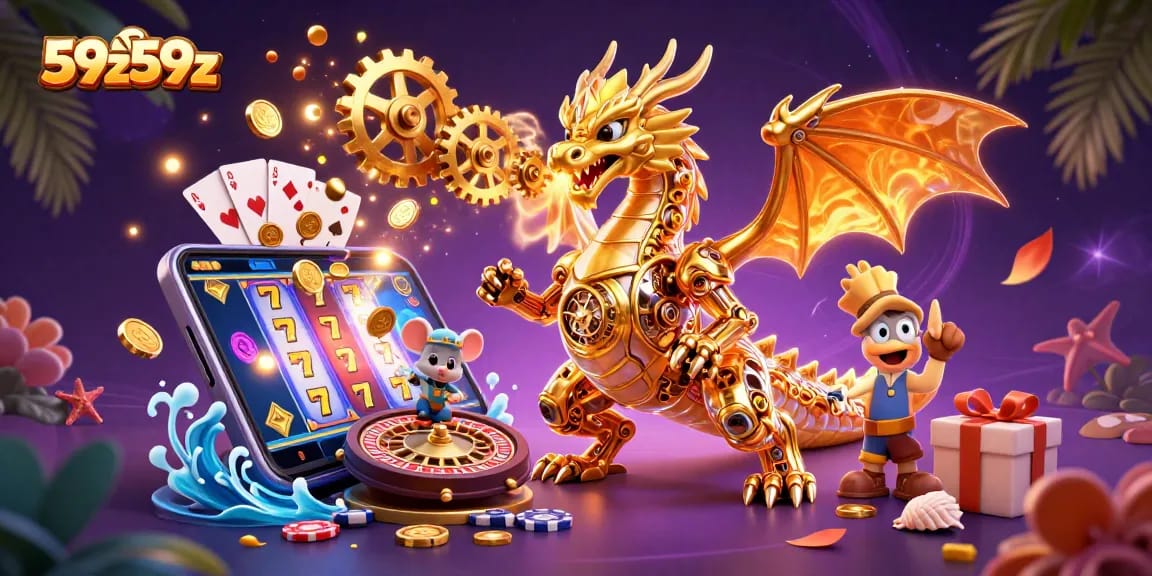 Engage with the 59z59z golden dragon and vibrant slot game in this captivating casino illustration.
