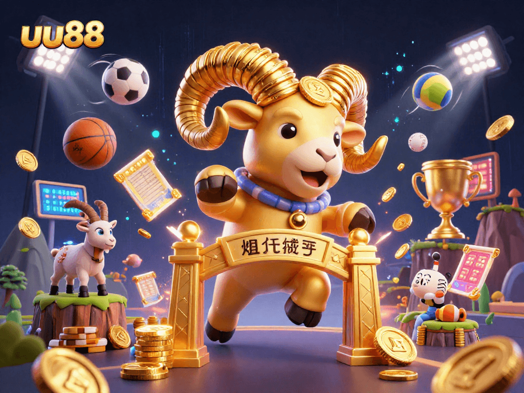 Engage with thrilling sports betting excitement at uu88 featuring a golden ram crashing through a golden gate.