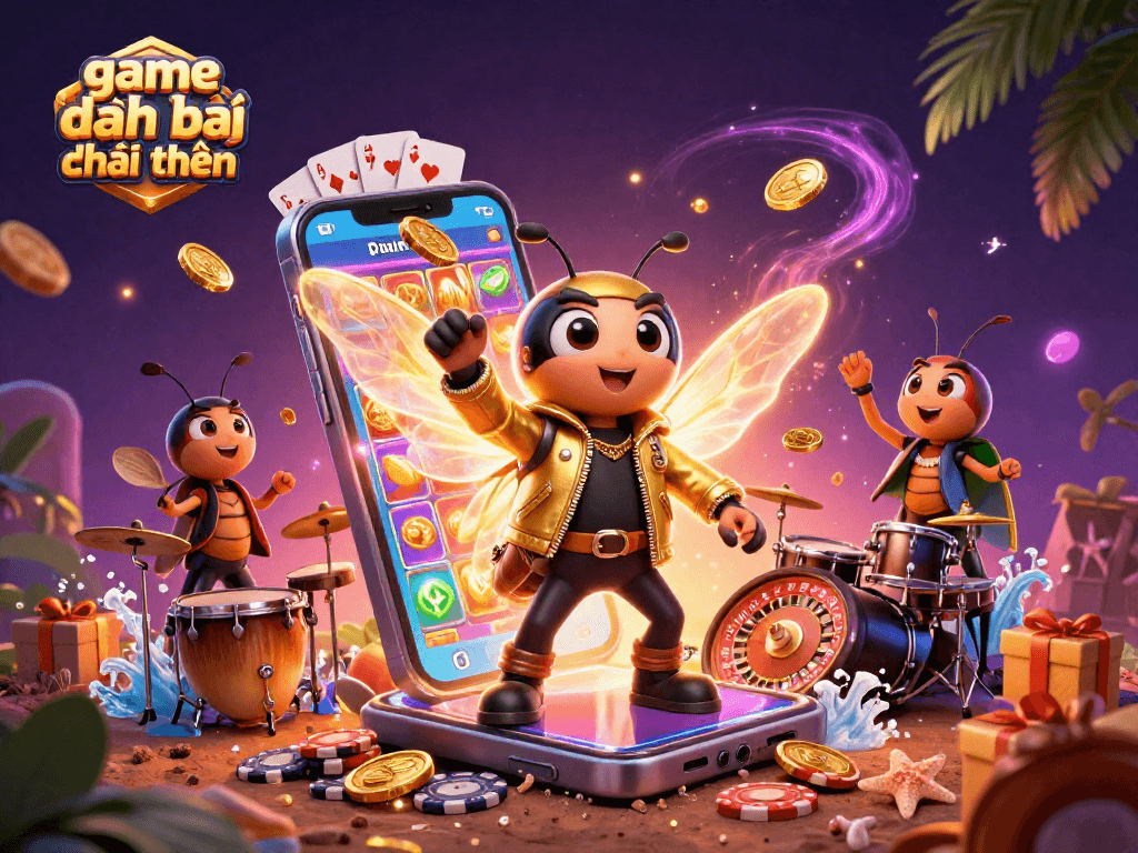 Engage in game đánh bài đổi thưởng with a vibrant 3D illustration featuring a rock star and gaming elements.