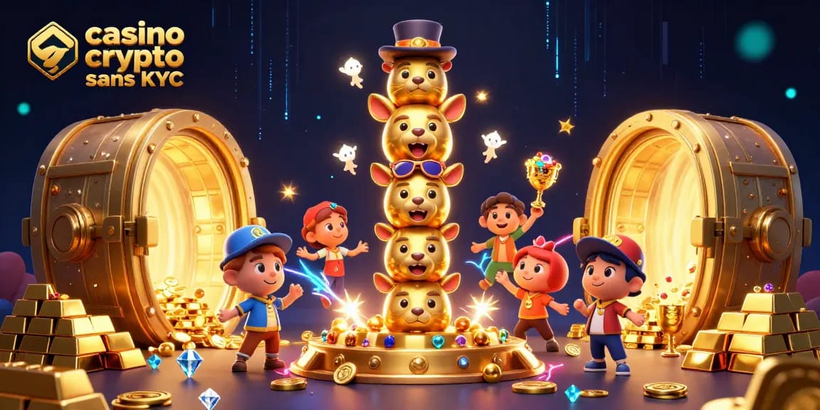 Sécurisez votre jeu avec casino crypto sans KYC, une scène colorée de machines à sous et de trésors d'or.