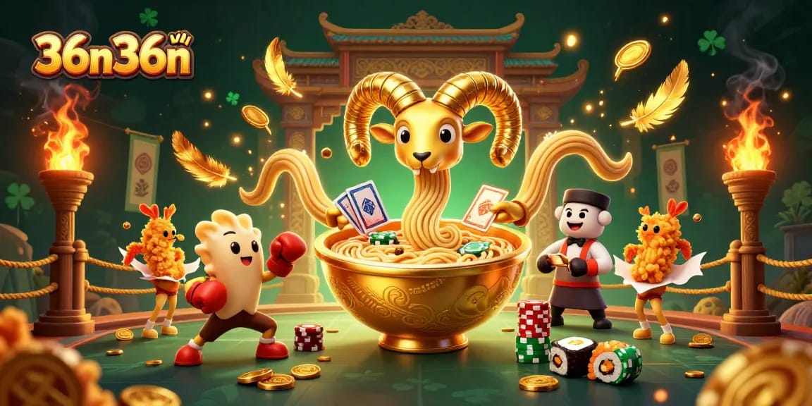 Aposte no 36n36n com uma animada ilustração de um bolinho de ramen com tentáculos, dealer de sushi e camarões cheerleaders.