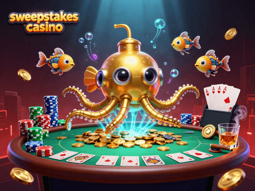 Sweepstakes casino illustration featuring a golden kraken and mechanical fish in a vibrant poker scene.