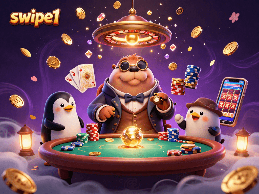 Swipe1 gaming scene with a jolly walrus, sophisticated dealer, and bluffing pufferfish.