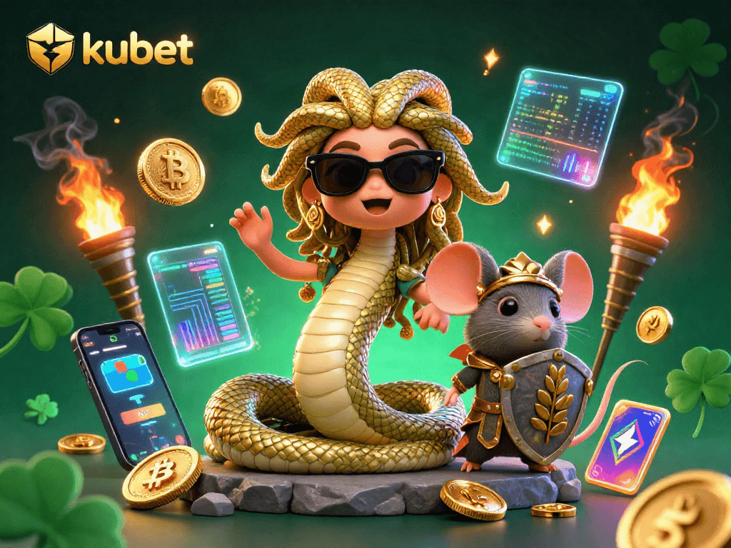 Play at kubet with a dynamic casino scene featuring Medusa and a warrior mouse surrounded by crypto elements.
