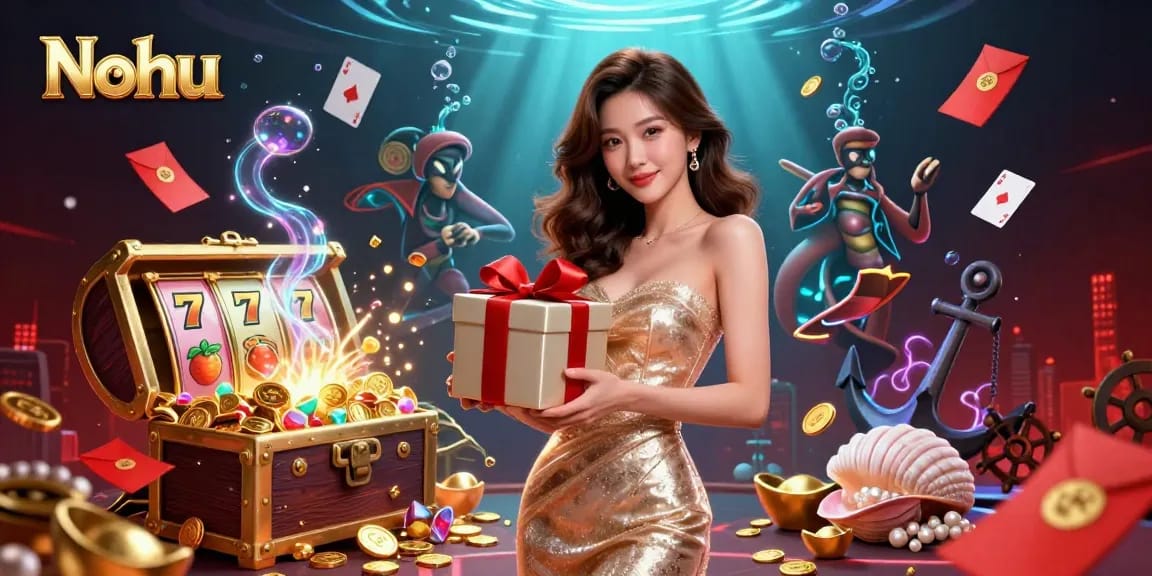 Nohu brings excitement with a glamorous woman surrounded by cascading coins and vibrant slot symbols in this animated scene.