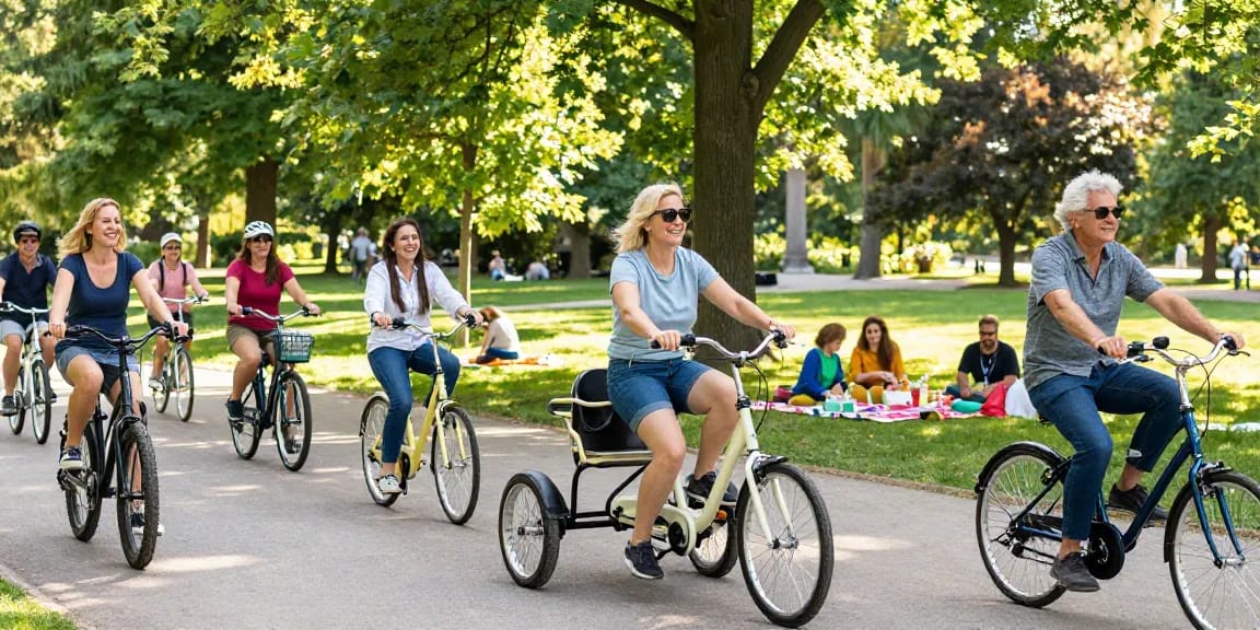 Adults riding tricycles in a sunny park, promoting joyful cycling experiences.