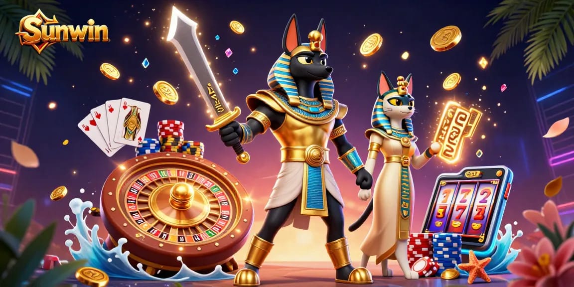 Engage with Sunwin's vibrant gaming scene, featuring Anubis and Bastet amidst a dazzling casino atmosphere.