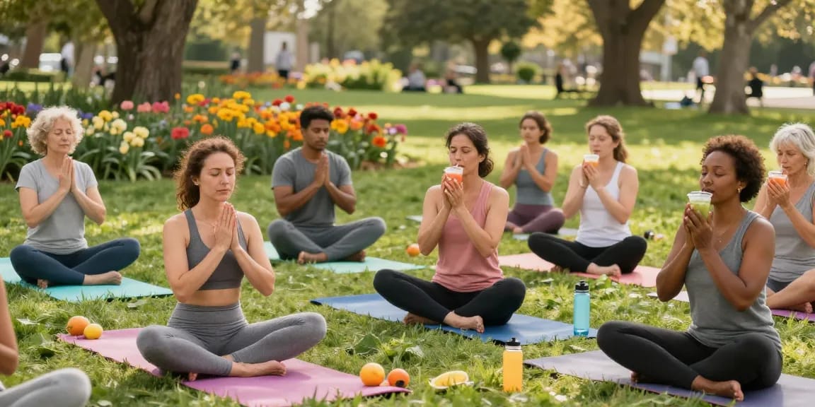 Wellness gathering promoting rokok 88 lifestyle principles in a sunny park.
