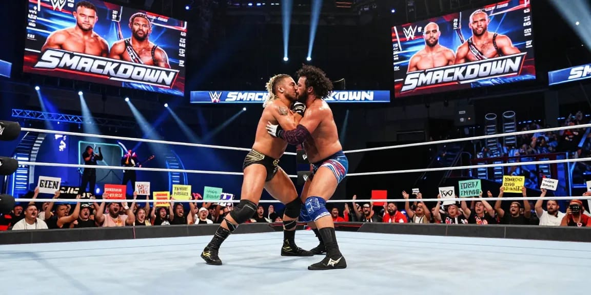 WWE SmackDown match featuring intense action, bright arena lights, and cheering fans.