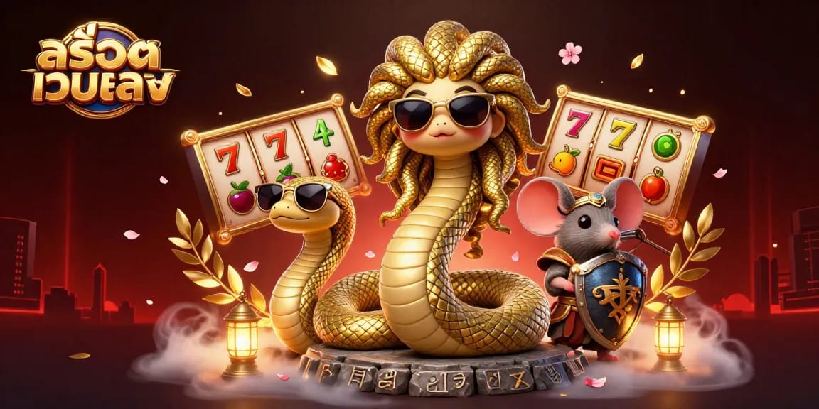 Experience the excitement of สล็อตเว็บตรง with our vibrant 3D illustration featuring Medusa, a warrior mouse, and dynamic game elements.