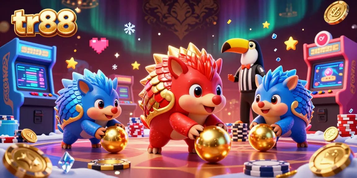 Engage in thrilling tr88 casino games with vibrant pangolins, poker chips, and dynamic arcade elements.