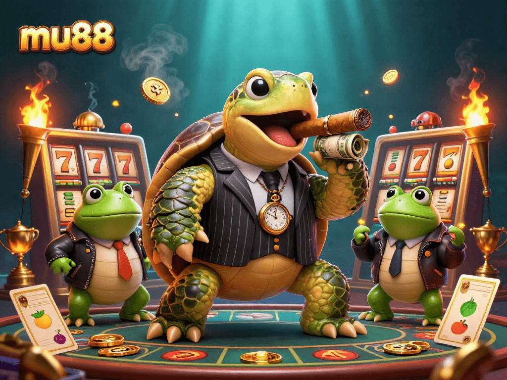 Engage in thrilling slots action with mu88 in a vibrant casino scene featuring a mobster turtle.