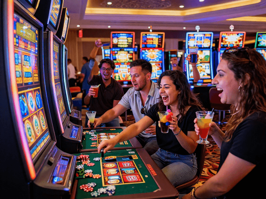 Friends celebrating a win while playing a slot jackpot machine in a lively casino.