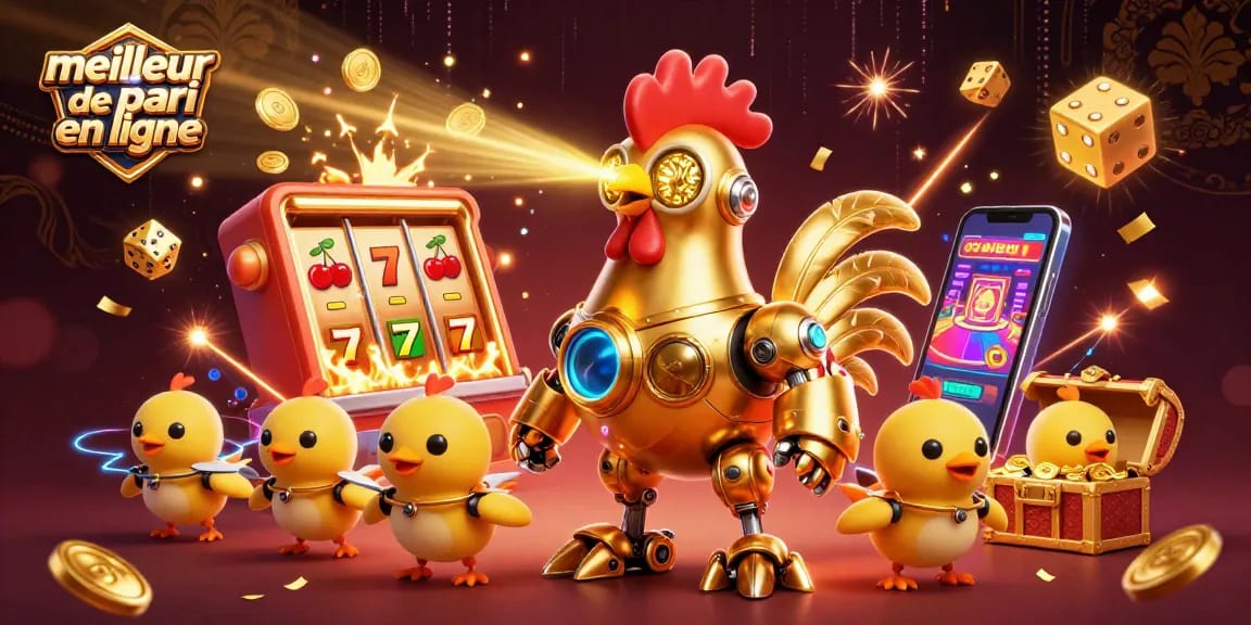 Pariez sur le meilleur site de pari en ligne avec un robot coq doré et des drones. Une scène dynamique et festive.
